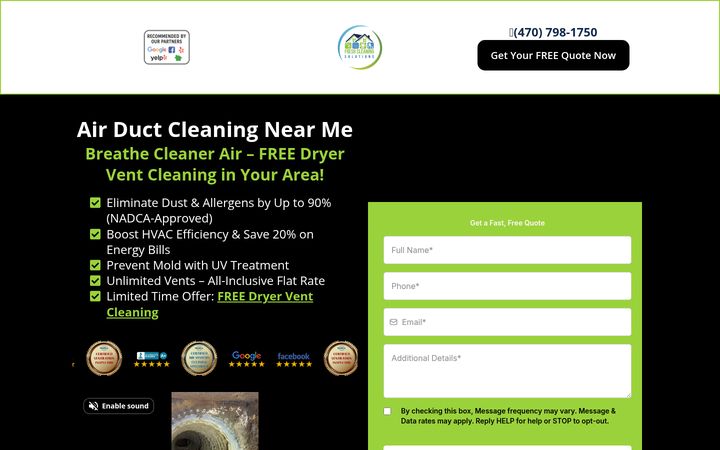 Fresh Air Duct Solutions landing page by Draft First Sites