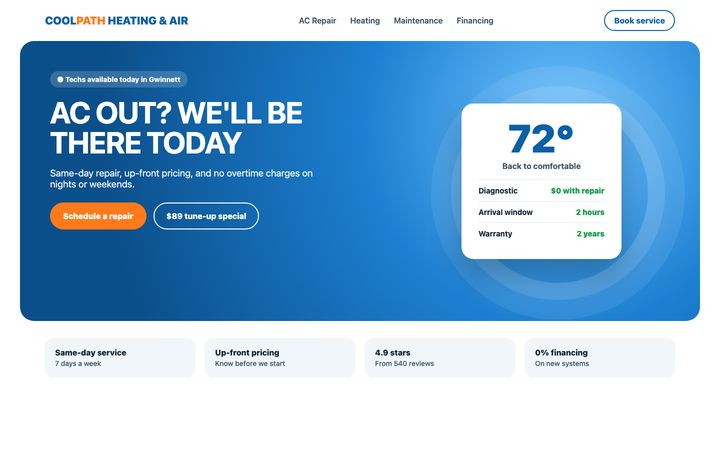 Heating and air sample landing page by Draft First Sites